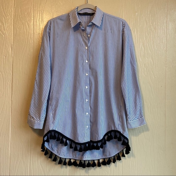 Zara Striped High Low Tassel Hem Button Down Shirt - Picture 5 of 8